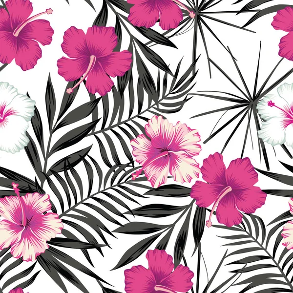 Pink hibiscus on the black leaves seamless background — Stock Vector