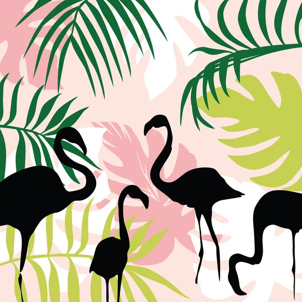 Flat sammansättning blad och flamingo — Stock vektor