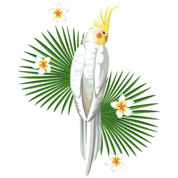 Uccello pappagallo bianco con carta da parati stampa vegetale — Vettoriale Stock