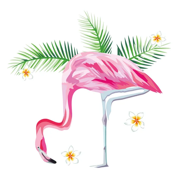 Flamant rose avec des plantes tropicales et des fleurs papier peint de plage — Image vectorielle