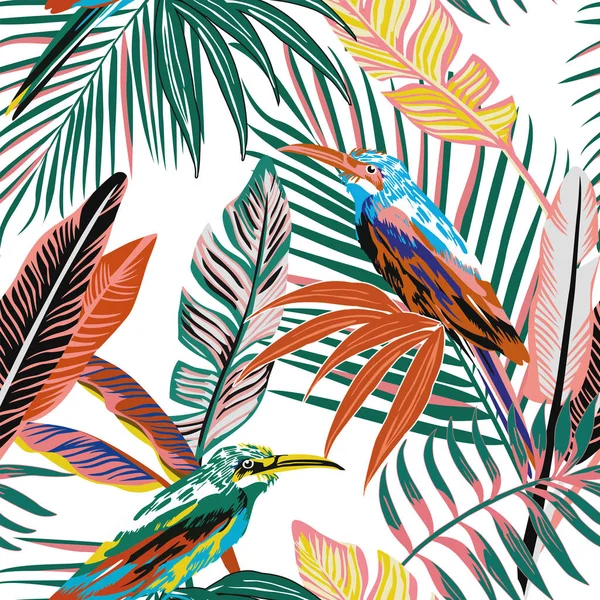 Aves tropicales abstractas en la selva fondo sin costuras — Vector de stock