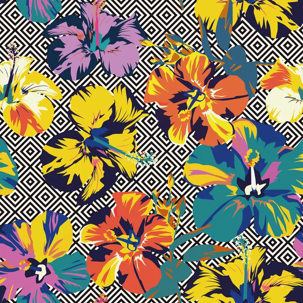 Hibiscus abstrakt färg geometriska sömlös bakgrund — Stock vektor