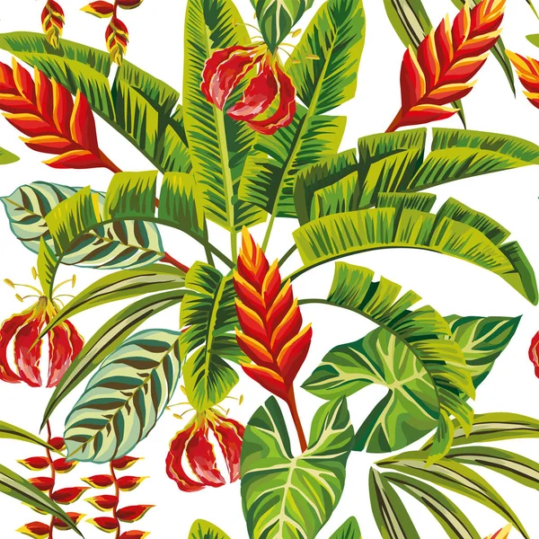 Exotische Dschungelblumen und Blätter nahtlos — Stockvektor