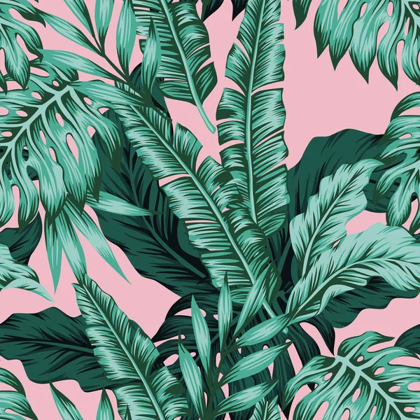 熱帯の葉緑のシームレスなピンクの背景 — ストックベクタ
