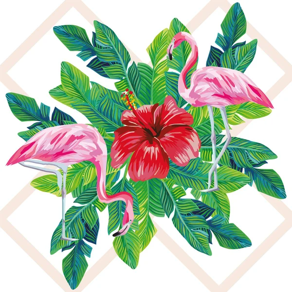 Flamingo hibiscus palmblad print — Stock vektor