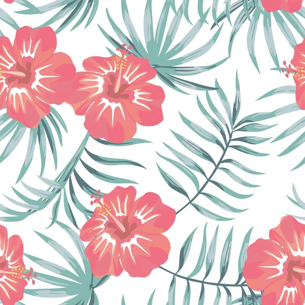 Tropisk hibiskus och bladen sömlös vit bakgrund — Stock vektor
