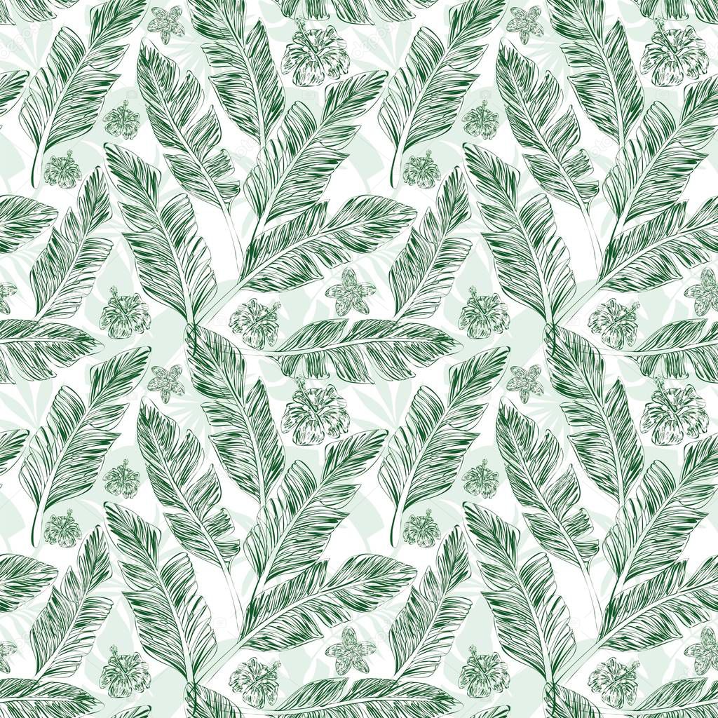 Green palm leaves hibiscus plumeria tropical background seamless