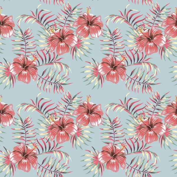 Flores hibisco selva hojas pastel color inconsútil — Vector de stock