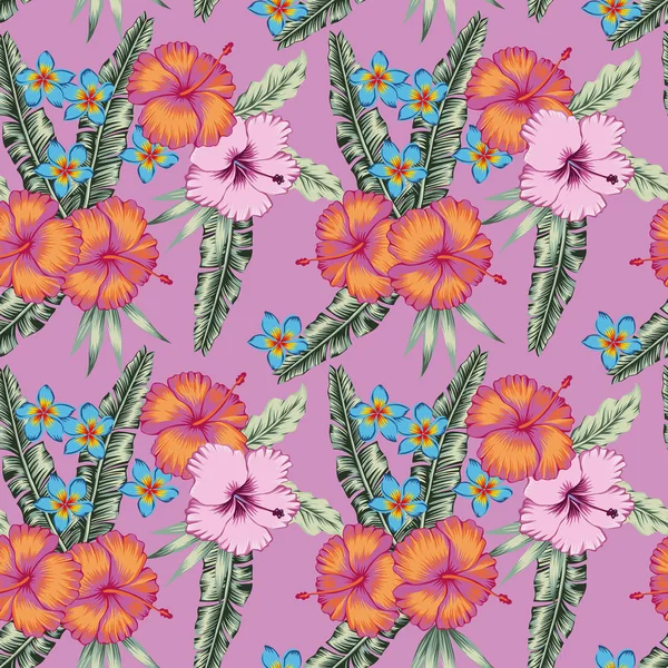 Hibiscus flores plumeria diverso patrón sin costura de color — Vector de stock
