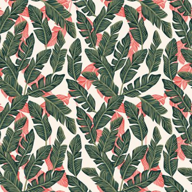 Koyu yeşil pembe renk Dikişsiz desen egzotik muz yaprakları