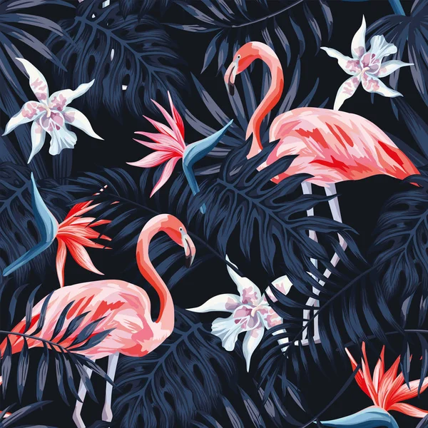 Flamingo strelitzia hojas de palma patrón de fondo oscuro — Archivo Imágenes Vectoriales