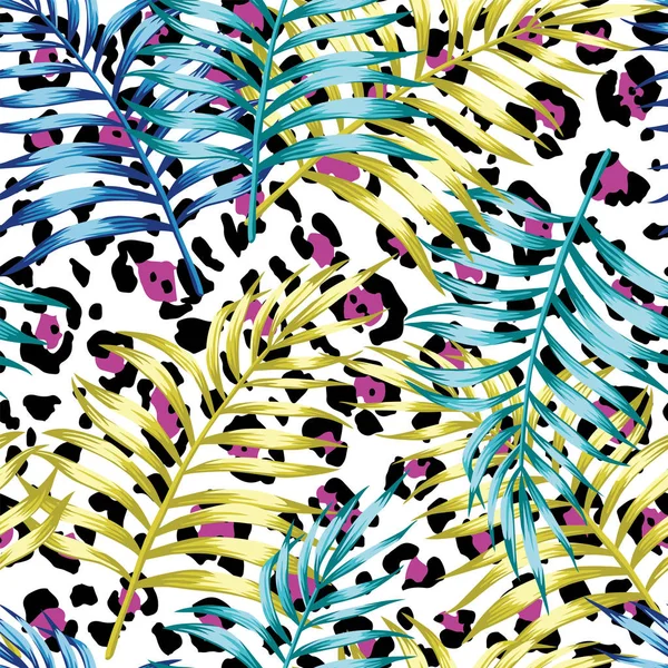Feuilles de palmier fond jaguar sans couture — Image vectorielle