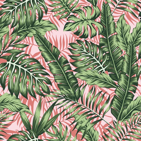 Tropical verde selva rosa plantas fondo — Vector de stock