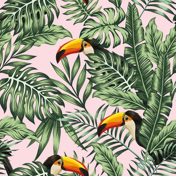 绿色丛林与巨嘴鸟粉红色背景 — 图库矢量图片