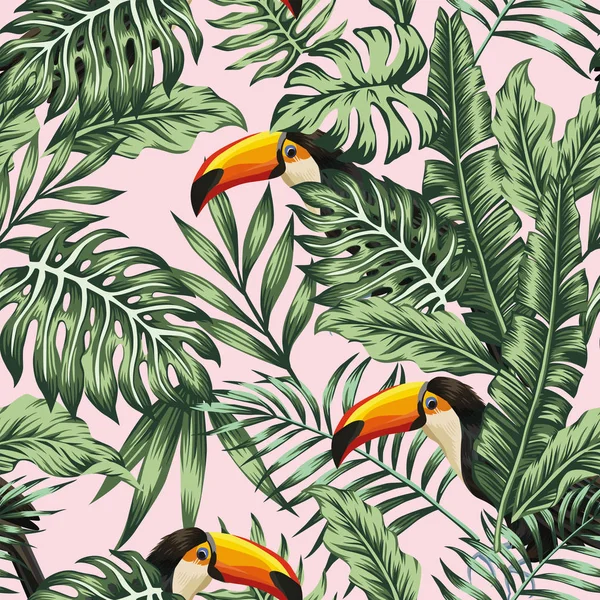 Jungle verte avec fond rose toucan — Image vectorielle