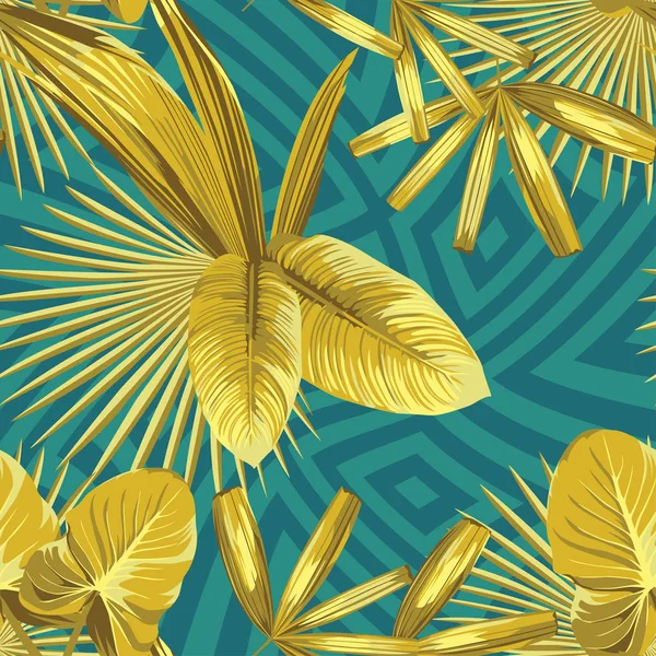 Golden tropica folhas sem costura abstrato geométrico fundo — Vetor de Stock