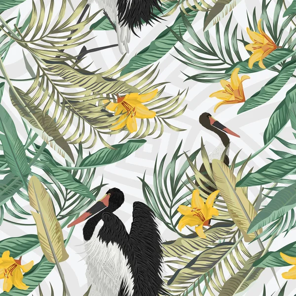 Tropische Blätter nahtlose Storchvogel abstrakte geometrische Hintergrund — Stockvektor