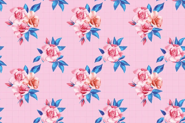 Horizontaal naadloos patroon roze roos blauwe bladeren — Stockvector