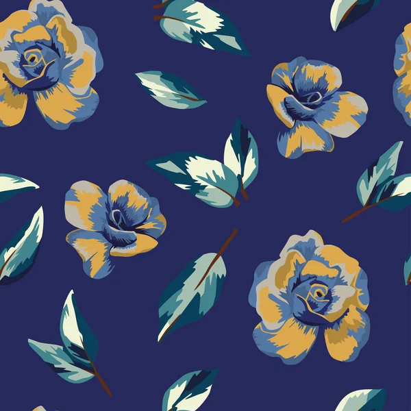 Rosas azules amarillas fondo azul sin costuras — Vector de stock