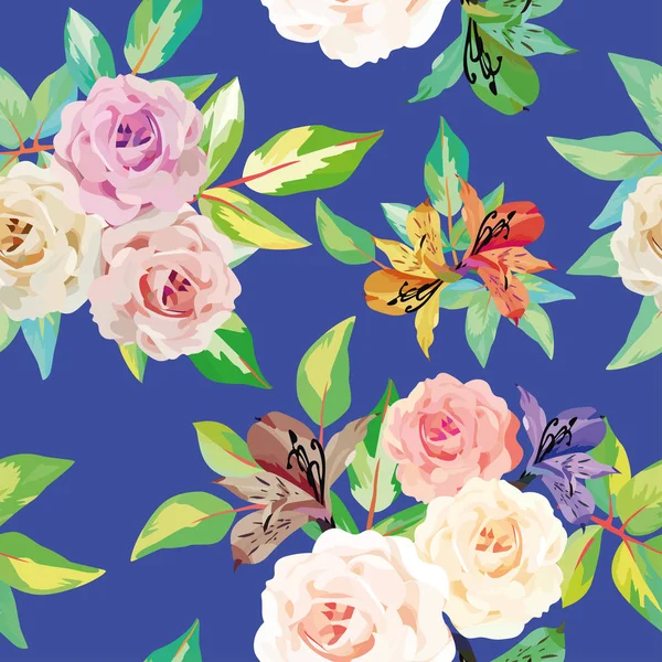 Roses flowers seamless blue background — 스톡 벡터