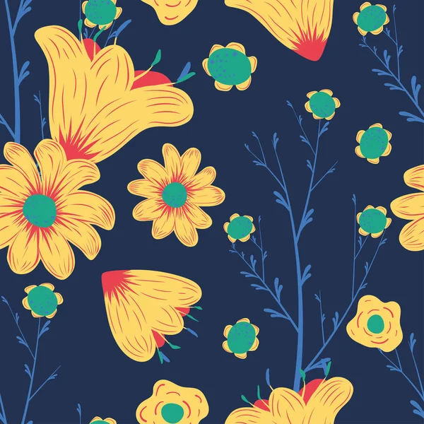 Abstract kleur kamille bloemen naadloze blauwe achtergrond — Stockvector