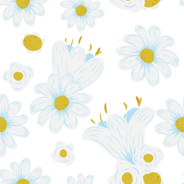 Gentle chamomile flowers seamless white background — ストックベクタ