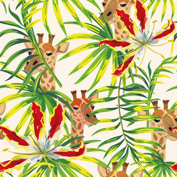 Tropical flowers leaves giraffe seamless pattern white backgroun — 스톡 벡터