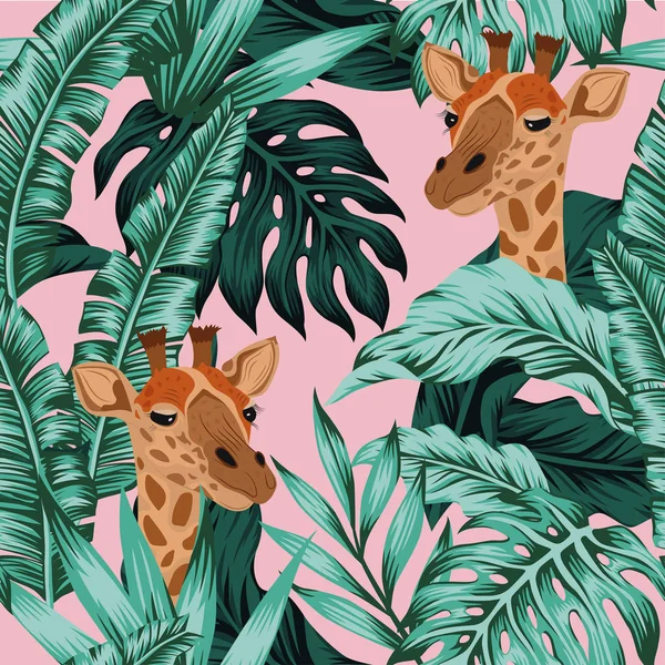 Tropikalne liście żyrafa bezszwowy wzór różowy tło — Wektor stockowy