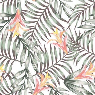 Yeşil yapraklar pürüzsüz çiçekler desenli beyaz arkaplan