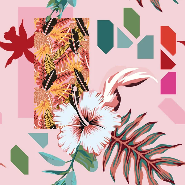 概要熱帯の葉の花をシームレスな幾何学 — ストックベクタ
