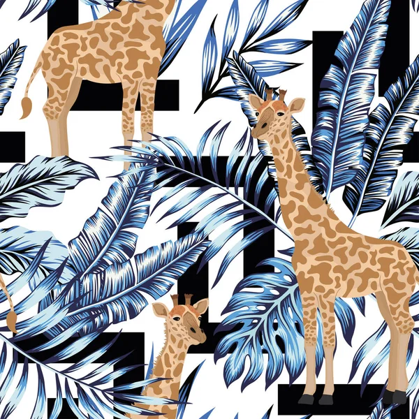 Blauwe bladeren giraffe naadloze geometrische zwarte witte achtergrond — Stockvector