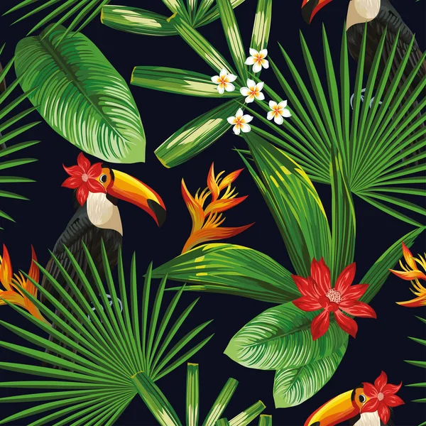 Tropicali falciatrici giungla foglie toucan senza soluzione di continuità sfondo nero — Vettoriale Stock