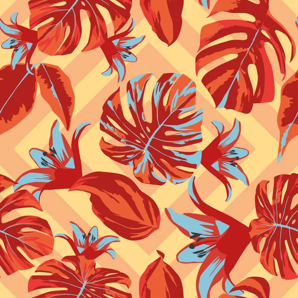 Illustration Tropicale Abstraite Feuilles Tropiques Rouges Monstère Fleurs Lys Motif — Image vectorielle