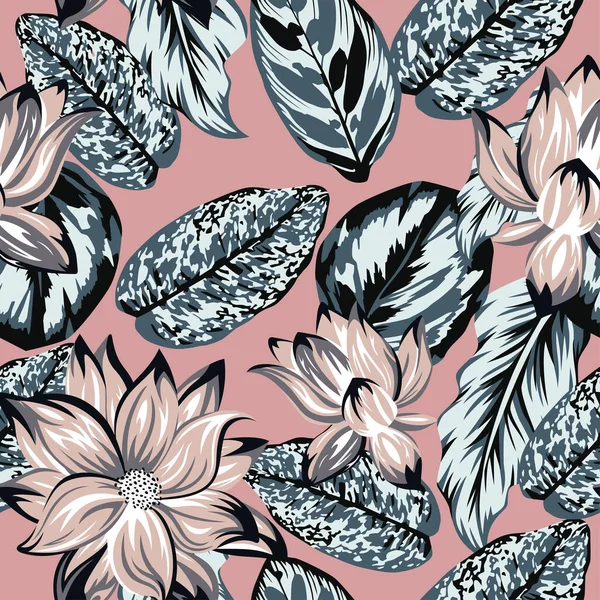 Абстрактная Тропическая Иллюстрация Листья Оттенках Серого Бесшовные Цветы Лилии Розовом — стоковый вектор