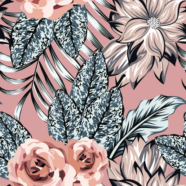 Abstrakte Tropische Illustration Graue Blätter Und Rosa Lilienblüten Mit Nahtlosem — Stockvektor