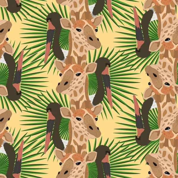 Wilde Tropische Illustratie Hoofd Ooievaar Giraffe Dier Met Bladeren Naadloos — Stockvector