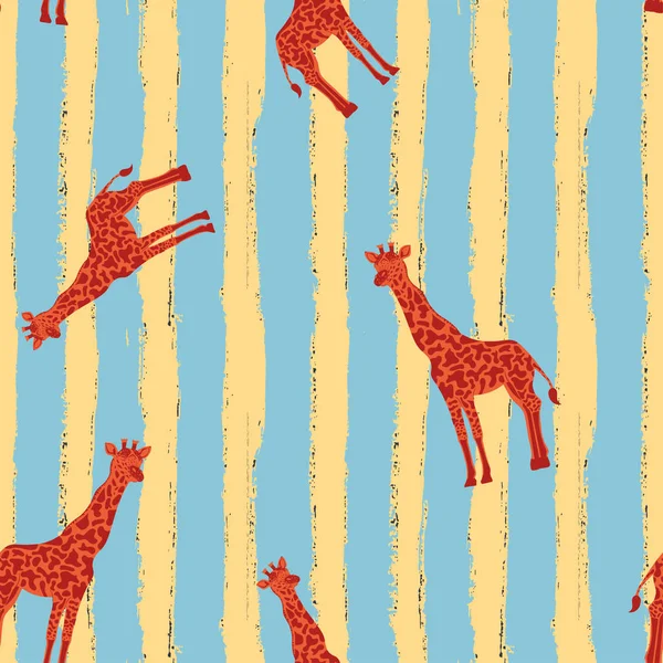 Abstrakte Farbe Rote Giraffe Tier Nahtlose Muster Auf Streifen Blau — Stockvektor