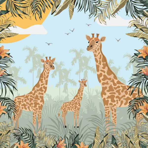 Wild Life Tropisk Illustration Giraff Djur Inom Ramen För Blad — Stock vektor