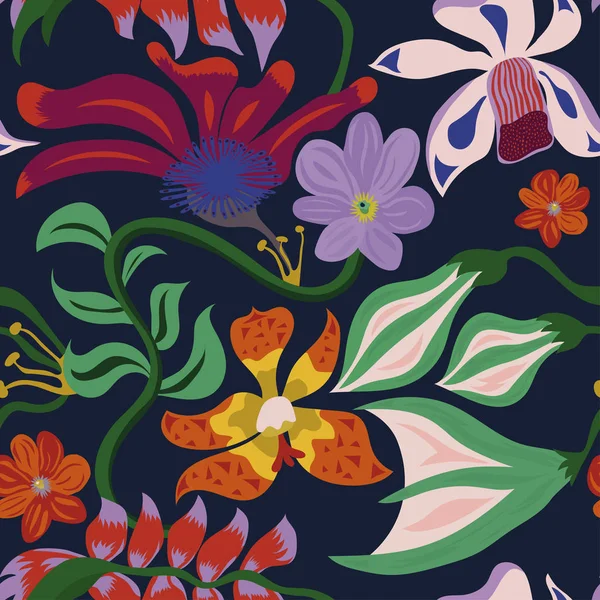 Ручной Рисунок Многоцветные Смешные Векторные Цветы Листья Бесшовный Узор Голубом — стоковый вектор