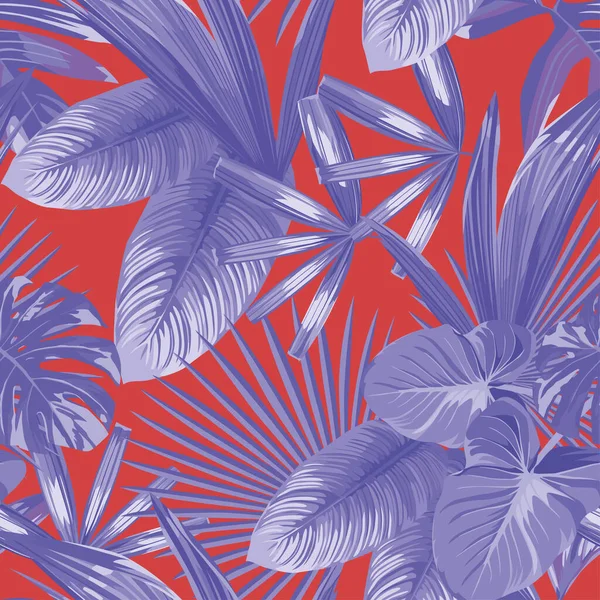 Экзотическая Тропическая Абстрактная Композиция Синих Листьев Красном Фоне Безшовные Обои — стоковый вектор