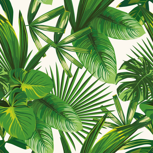 Exotic tropical natural green leaves vector composition on white background. Beach seamless pattern wallpaper