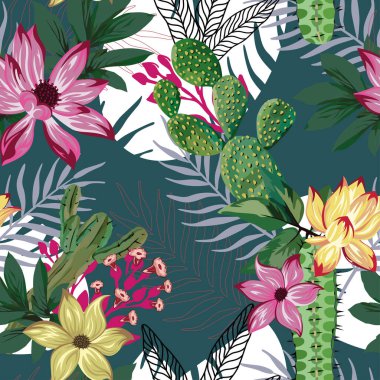 Canlı egzotik illüstrasyon güzel sarı, kırmızı tropikal zambak, nilüfer çiçekleri, yeşil tropik yapraklar yeşil, beyaz arkaplan üzerinde dikişsiz vektör deseni. Plaj çok renkli yaratıcı duvar kâğıdı
