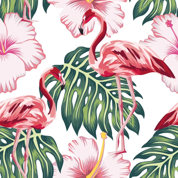 エキゾチックな美しい鳥ピンクフラミンゴ ハイビスカスの花 熱帯モンスターグリーンは 白い背景にシームレスなベクトルパターンを残します ビーチクリエイティブ壁紙 — ストックベクタ