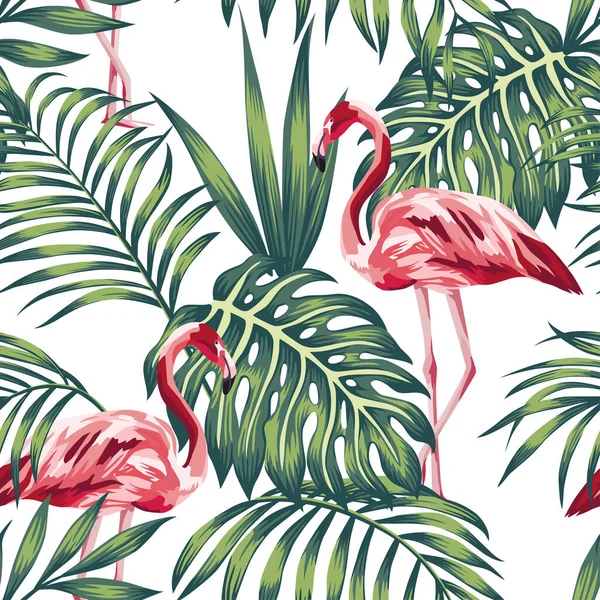 Exotisk Vacker Fågel Rosa Flamingo Och Tropisk Palm Banan Ormbunke — Stock vektor