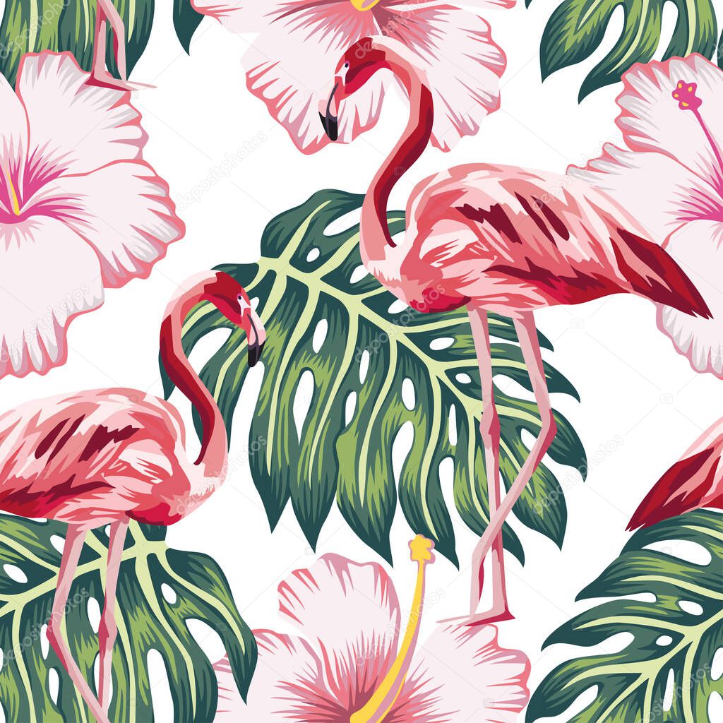 Exotic beautiful bird pink flamingo, hibiscus flowers and tropical monstera green leaves seamless vector pattern on white background. Beach creative wallpaper