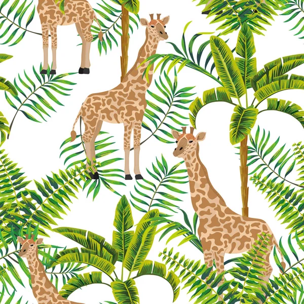 Graceful Animal Giraffe Illustration Jungle Exotic Green Palm Trees Fern — Stock Vector