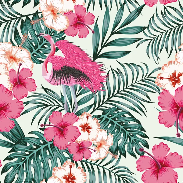エキゾチックな美しい鳥ピンクのフラミンゴは ハイビスカスの花やモンスター ヤシの葉のジャングルの中で翼を広げました 白い背景にシームレスなベクトル熱帯パターン ビーチデザイン壁紙 — ストックベクタ