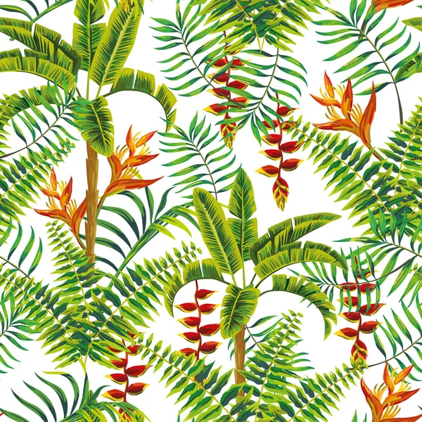 Répétez Illustration Estivale Dans Jungle Fleurs Exotiques Strelitzia Fougères Feuilles — Image vectorielle