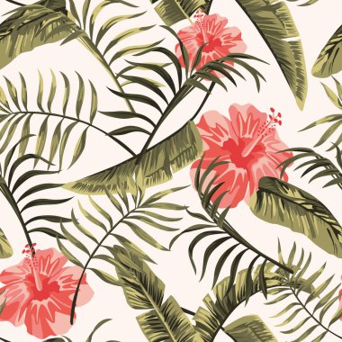 Çiçeksel egzotik tropikal desensiz tropik Hawaii duvar kağıdı. Canlı pembe amber çiçekleri ve beyaz arka planda yeşil palmiye muz yaprakları. Kumsalın neşeli arka planı.