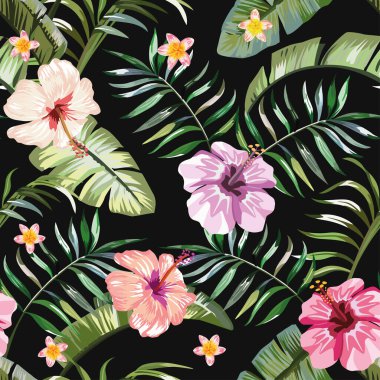 Çiçeksel egzotik tropikal desensiz tropik Hawaii duvar kağıdı. Siyah arka planda canlı amber çiçeği (frangipani) ve yeşil palmiye muz yaprakları. Plaj arka planı tekrarlanan tasarım.